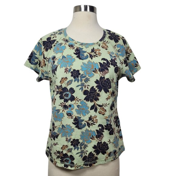 TeeCo Mint Green Floral Print Top Size Large Short Sleeve Cotton Stretch Tee - Picture 1 of 6